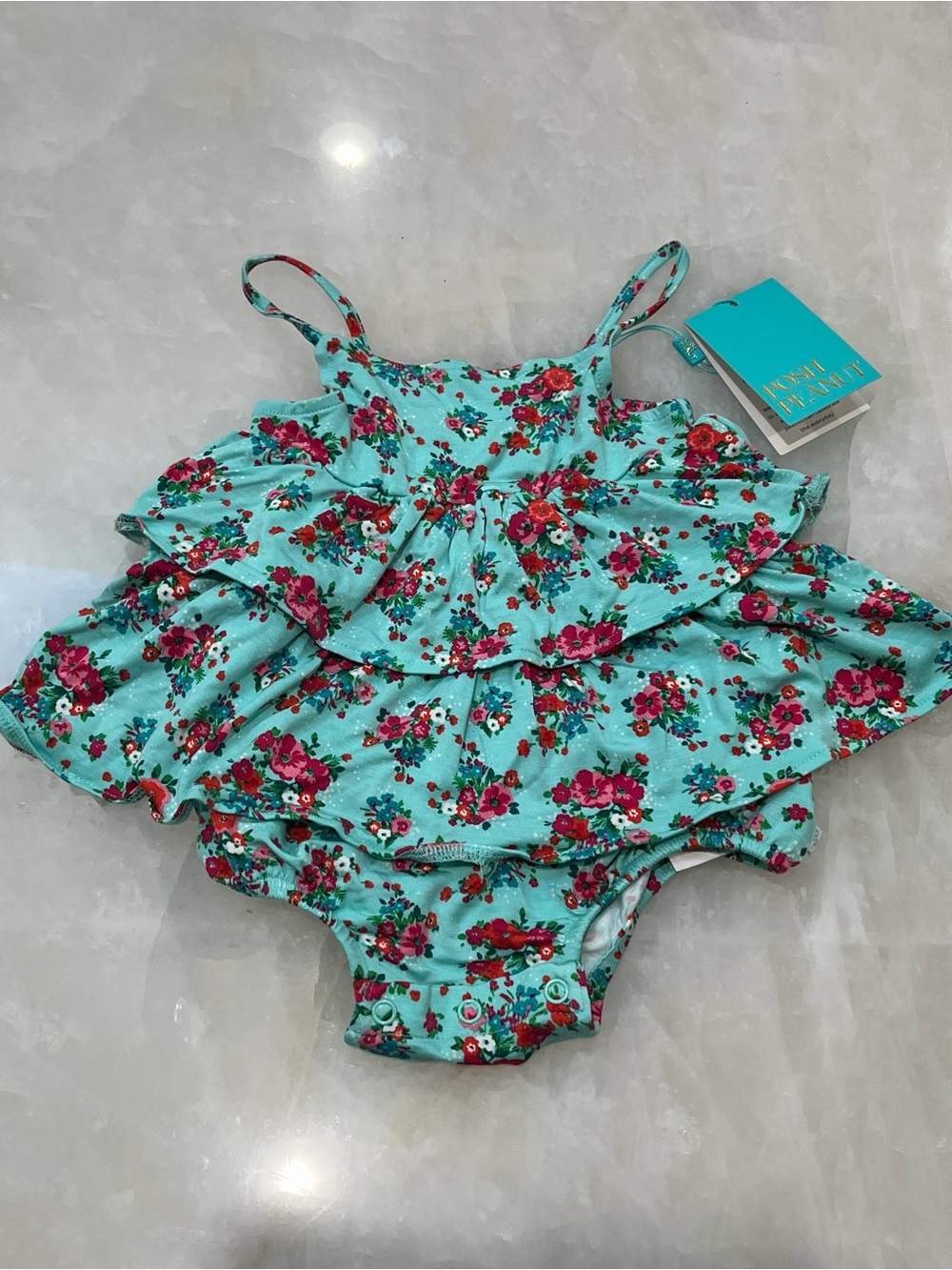 Posh Peanut Aqua Floral Ruffle One-Piece